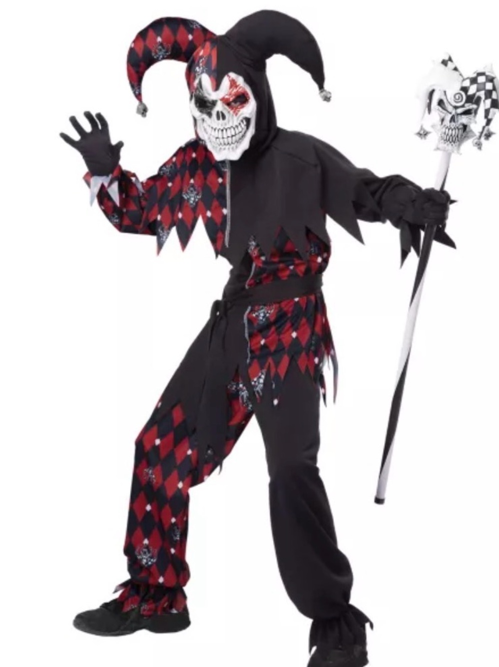 Scary Jester Kids Costume - Black & Red Horror Harlequin